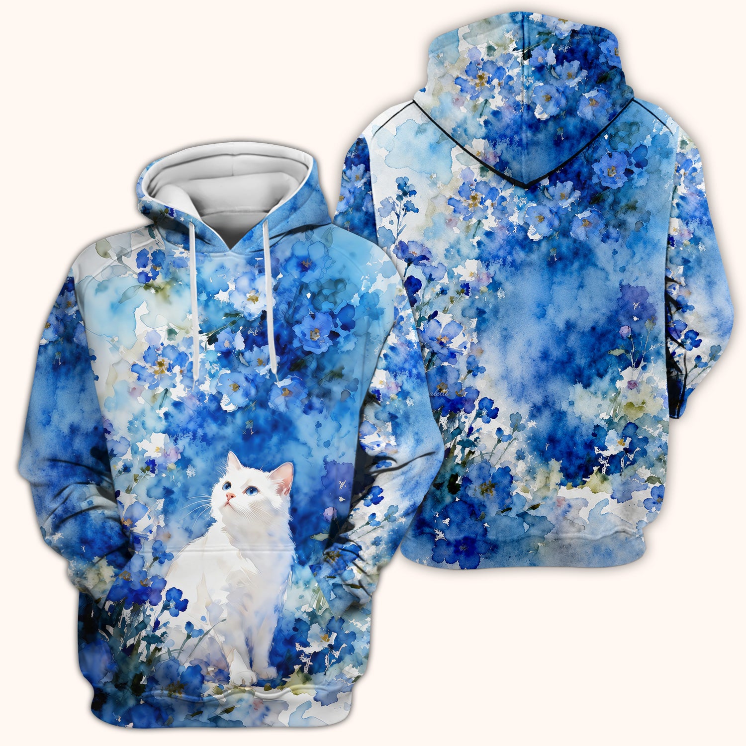Adorable Blue Floral White Cat Pattern Scrub Top, Comfortable Scrubs for Nurses