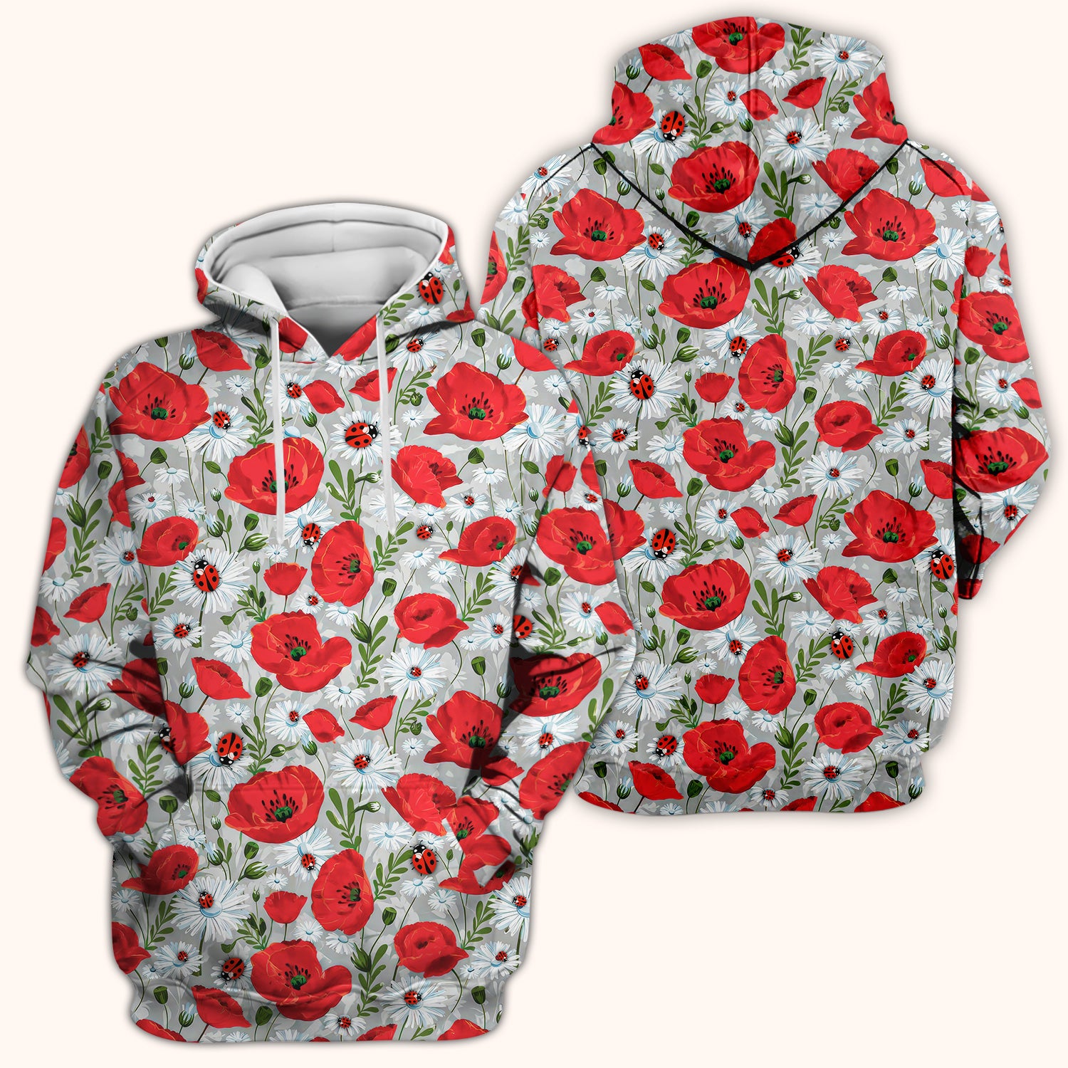 Cute Red Poppy Daisy Ladybug Floral Print Scrub Top, Comfortable Scrubs for Nurses