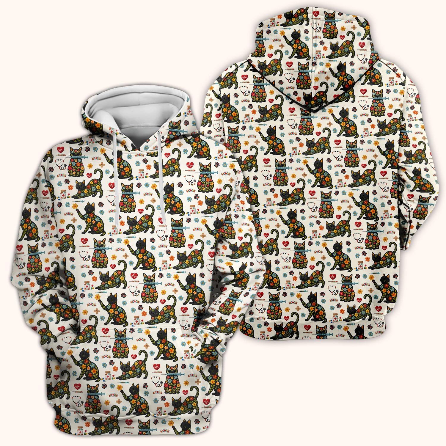Floral Black Cat Pattern Scrub Top, Cute Cat Nurse Scrub Shirt, Medical Nursing Uniform