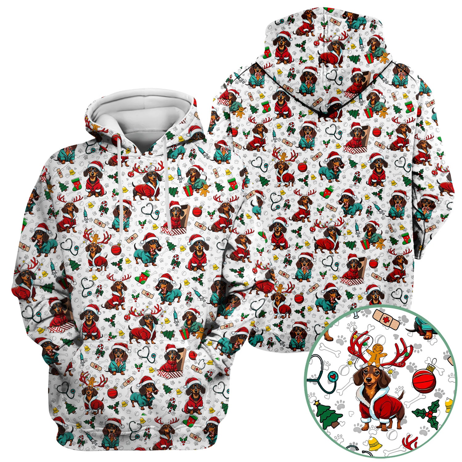 Christmas Dachshund Scrubs for Nurses - Cute Sausage Dog Holiday Scrub Top - Funny Reindeer & Santa Medical Shirt for Women