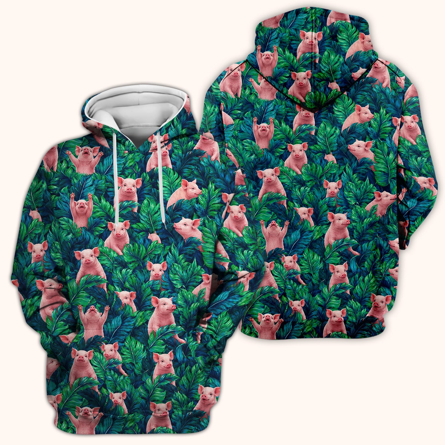 Cute Piglet Jungle Leaves Pattern Scrub Top, Comfortable Scrubs for Nurses