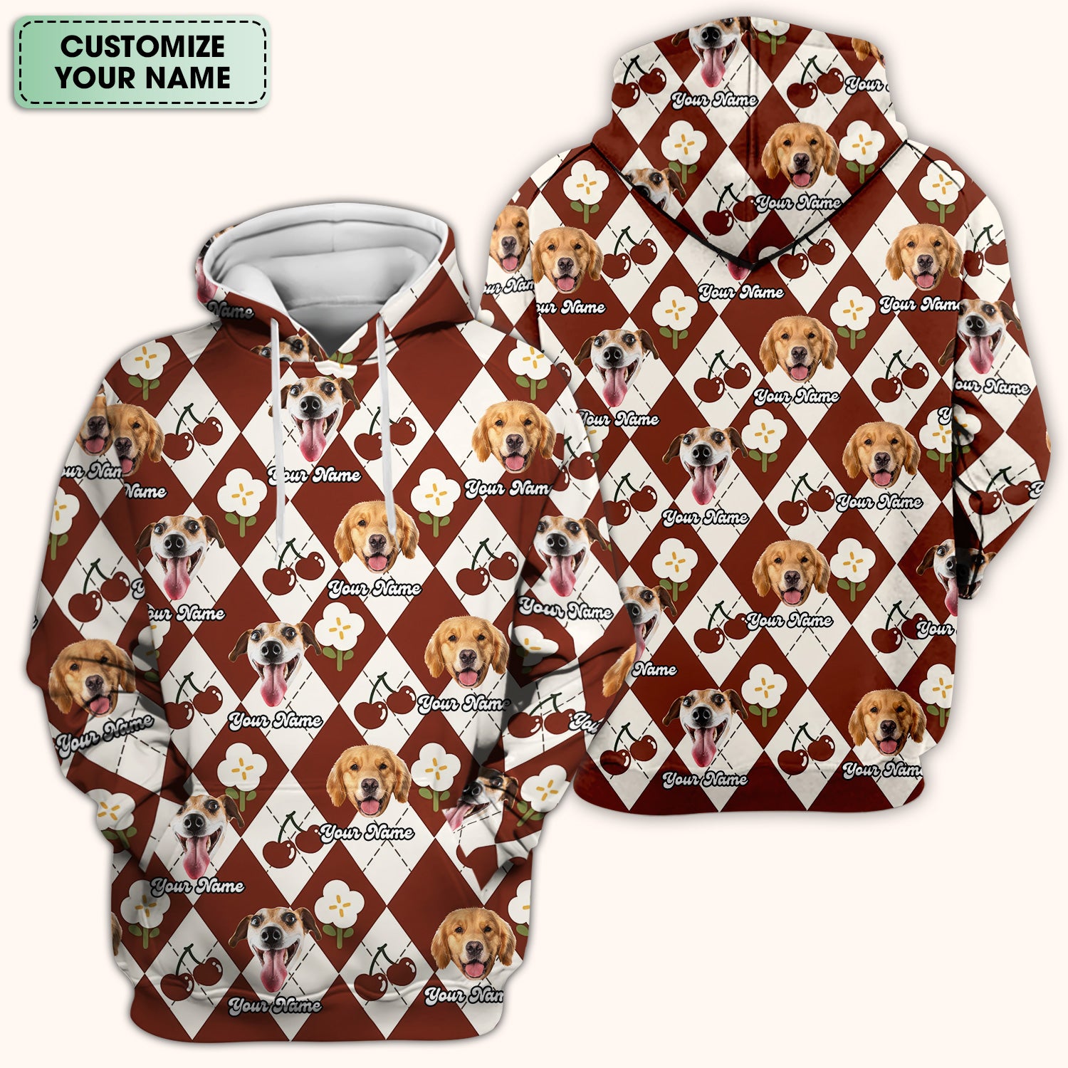 Custom Dog Face Scrub Top, Playful Dog Cherry Argyle Pattern Shirt, Comfortable Scrubs for Nurses