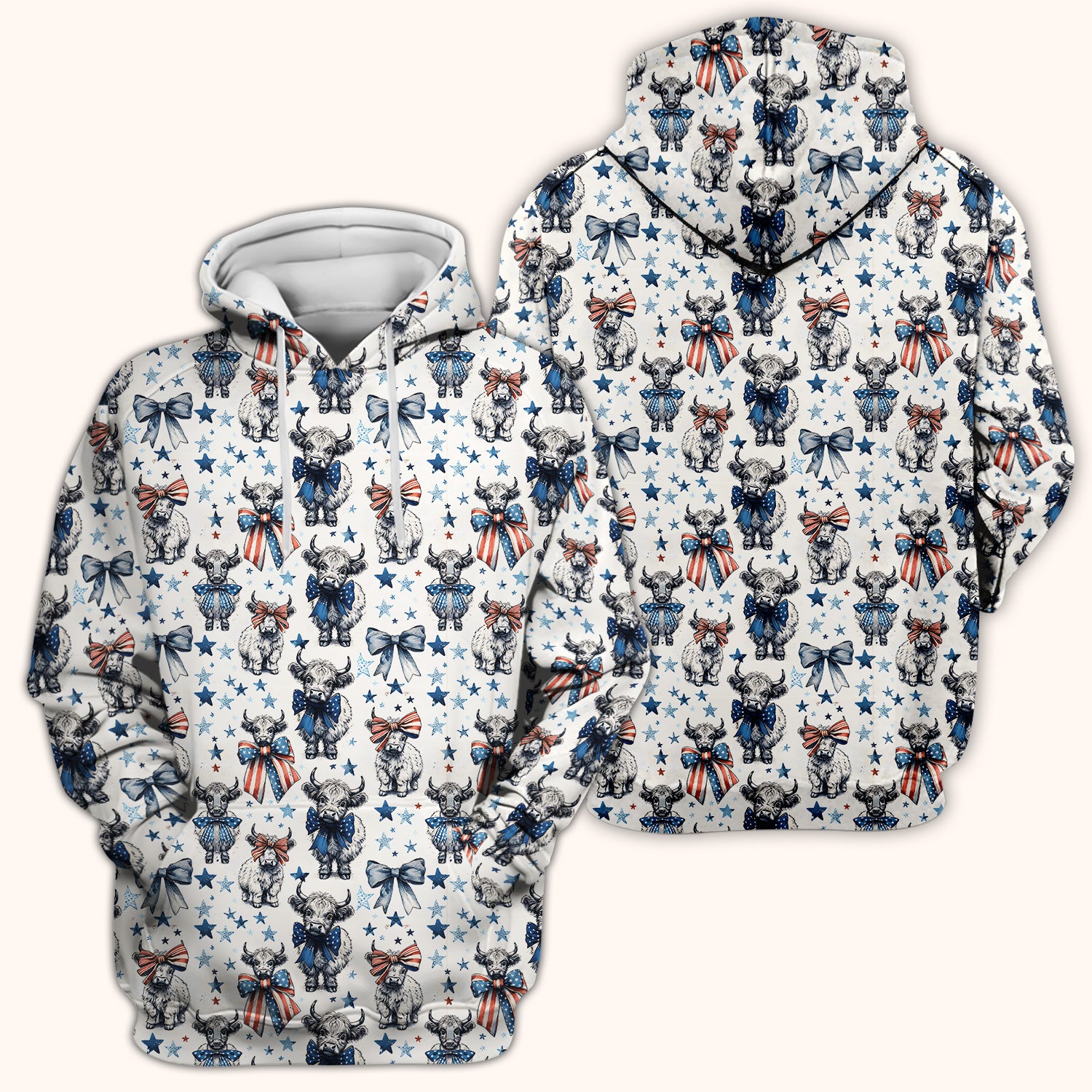 Patriotic Highland Cow Stars Pattern Scrub Top, Comfortable Scrubs for Nurses