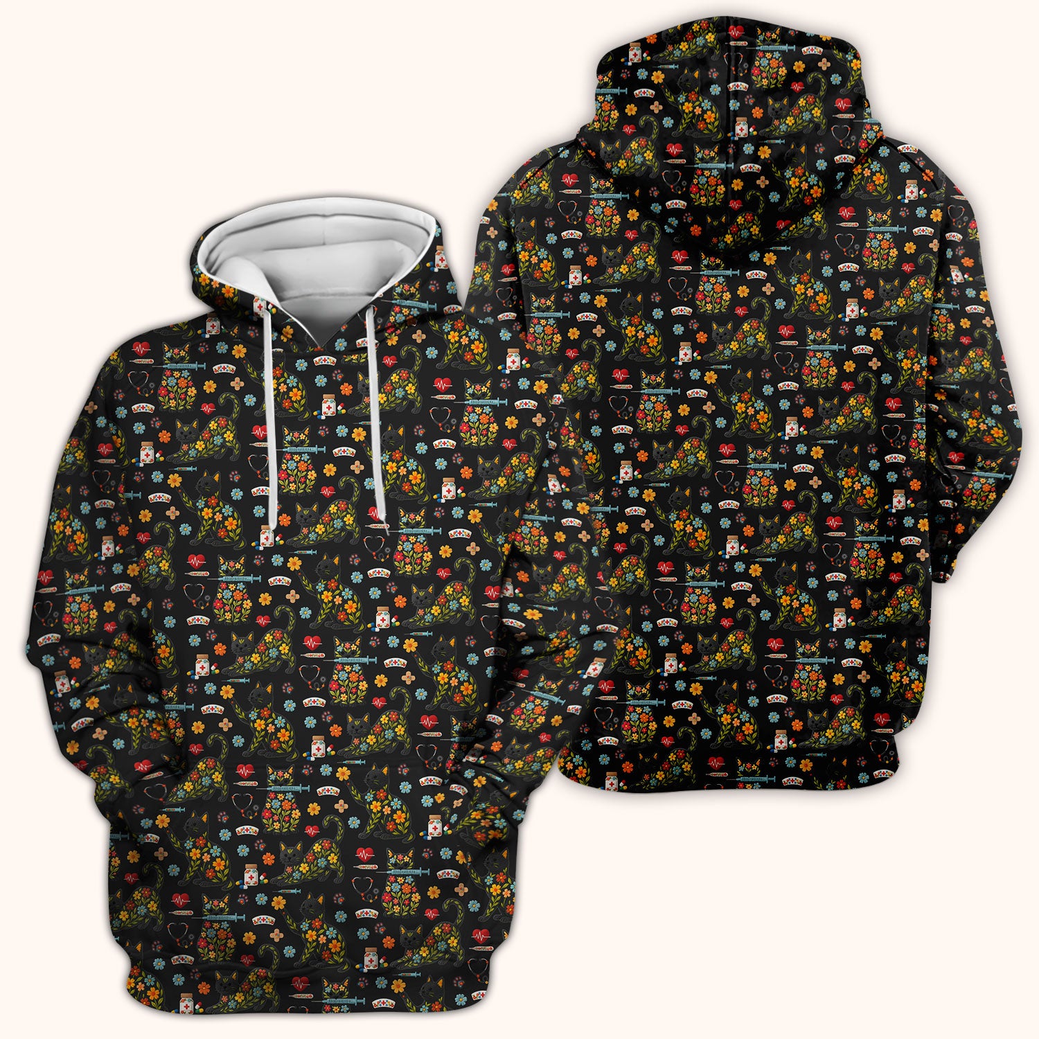 Floral Black Cat Pattern Scrub Top, Cute Cat Nurse Scrub Shirt, Medical Nursing Uniform