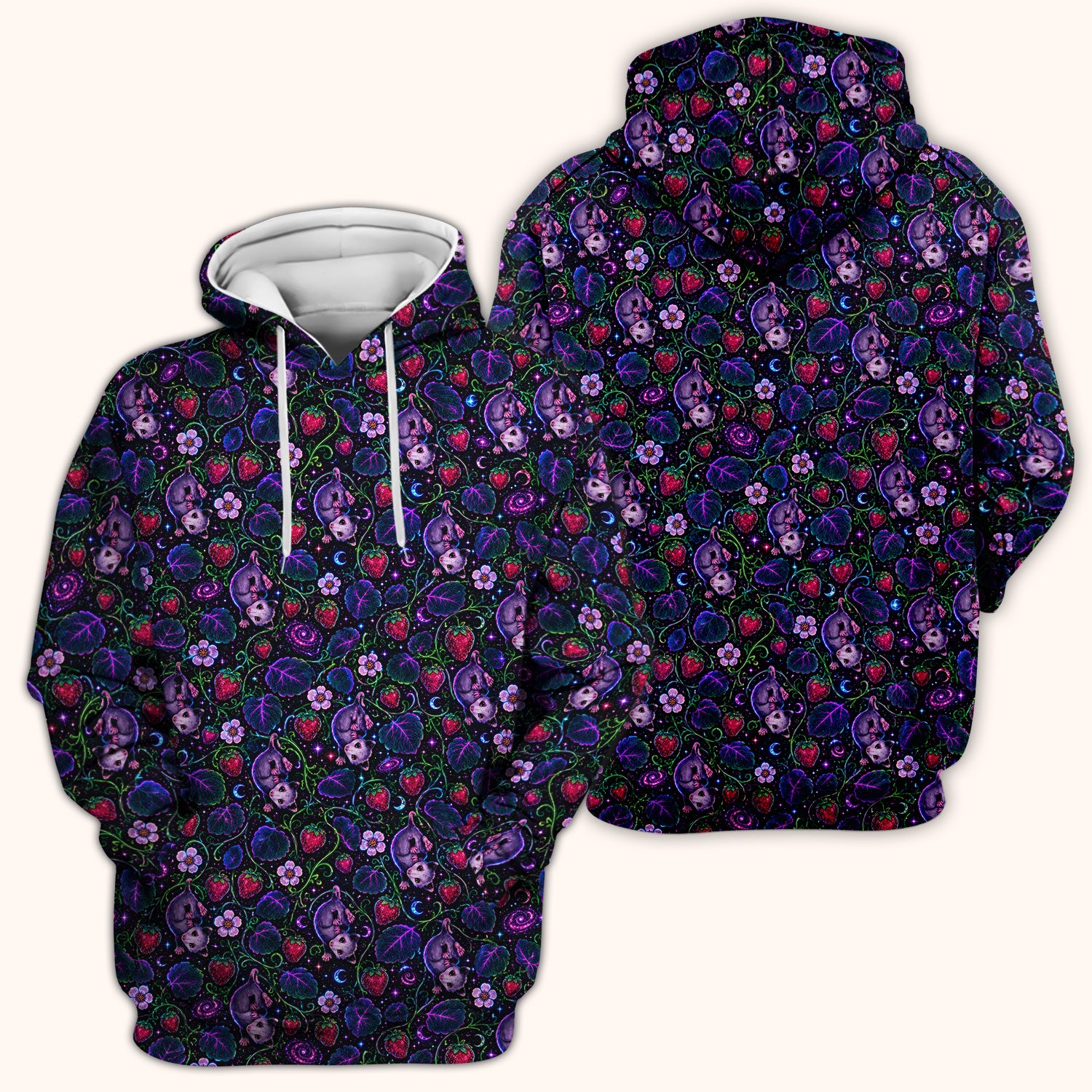 Galaxy Strawberry Opossum Pattern Scrub Top for RN, CNA, Veterinary Staff, Cat Lover Uniform