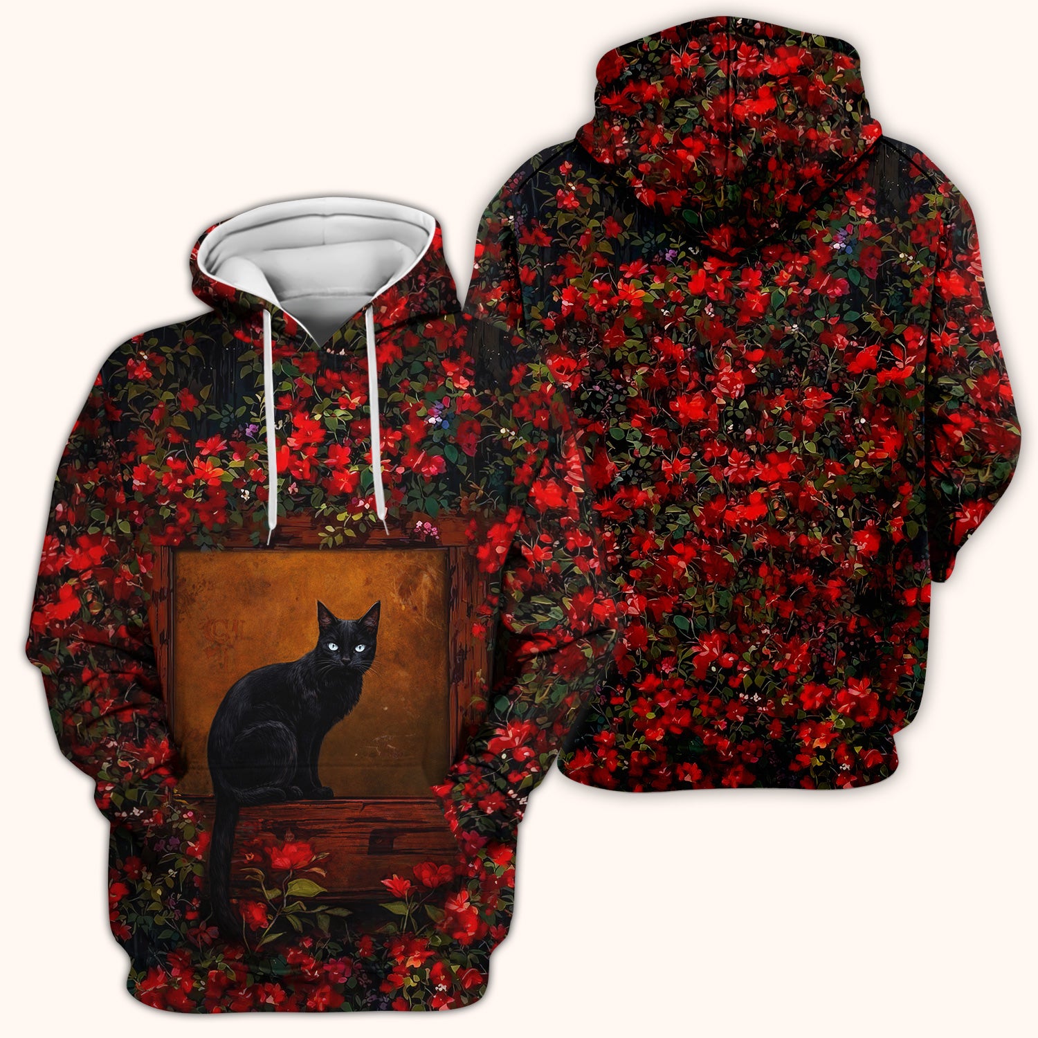 Black Cat Sitting By Red Floral Garden Window Scrub Top, Comfortable Scrubs for Nurses