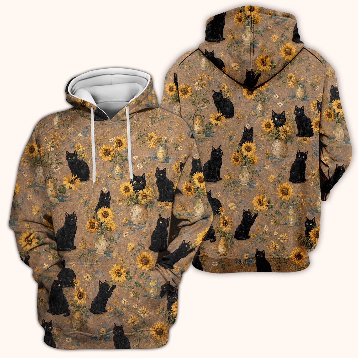 Rustic Sunflower Black Cat Print Scrub Top, Comfortable Scrubs for Nurses