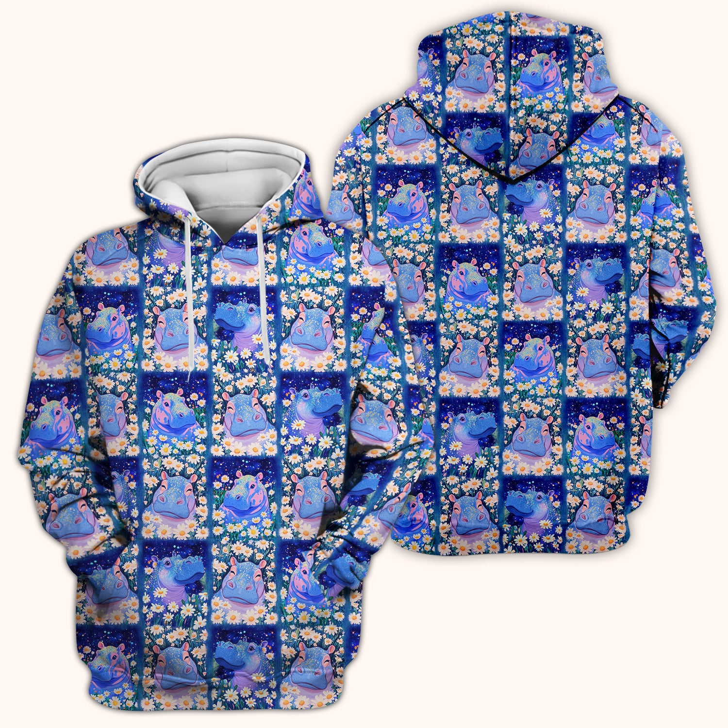 Cute Hippo Daisy Floral Patchwork Scrub Top, Breathable Fabrics Nursing Uniform