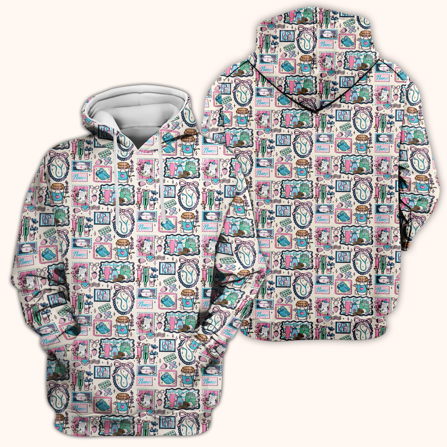 Medical Tools Stethoscope Syringe Frame Scrub Top, Breathable Fabrics Nursing Uniform