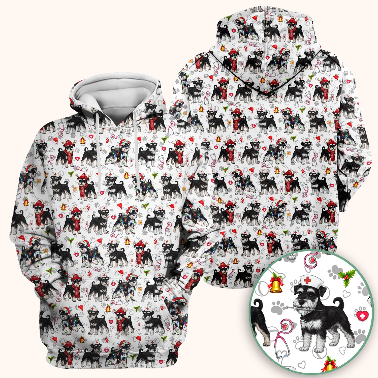 Christmas Schnauzer Scrubs for Nurses - Cute Dog Holiday Scrub Top - Funny Santa Nursing Medical Shirt for Women