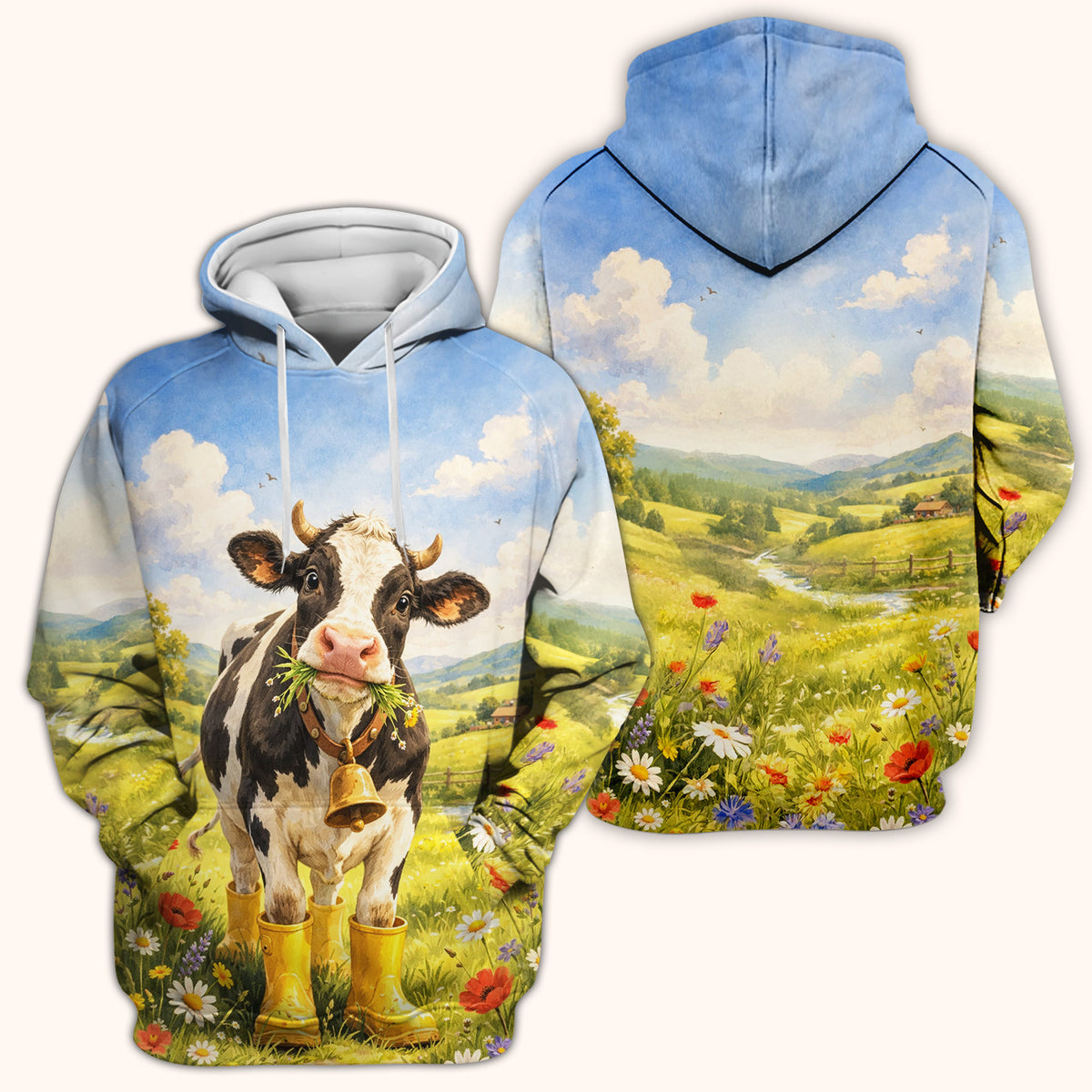 Cute Cow Wearing Boots Meadow Scene Pattern Scrub Top, Comfortable Scrubs for Nurses