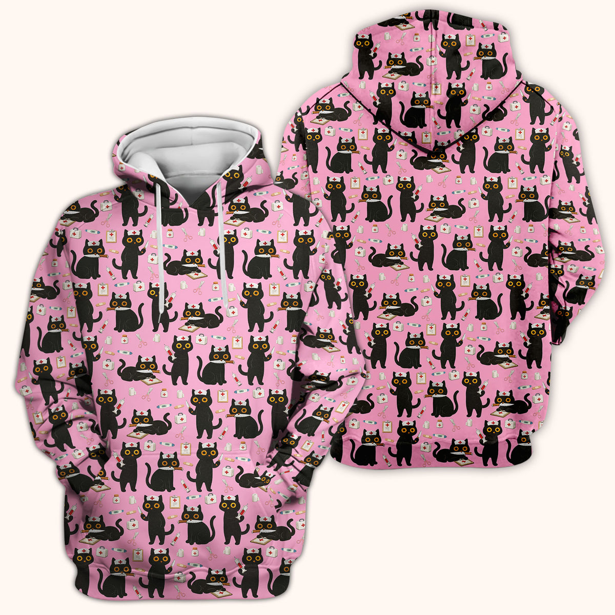 Cute Black Cat Nurse Pattern Scrub Top, Comfortable Scrubs for Nurses