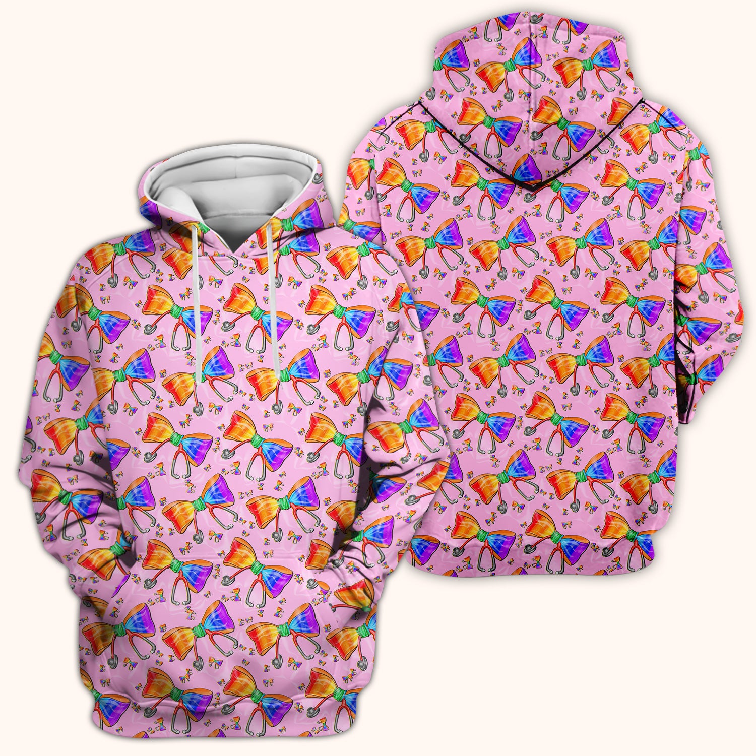 Colorful Rainbow Bow Stethoscope Pattern Scrub Top, Breathable Fabrics Nursing Uniform