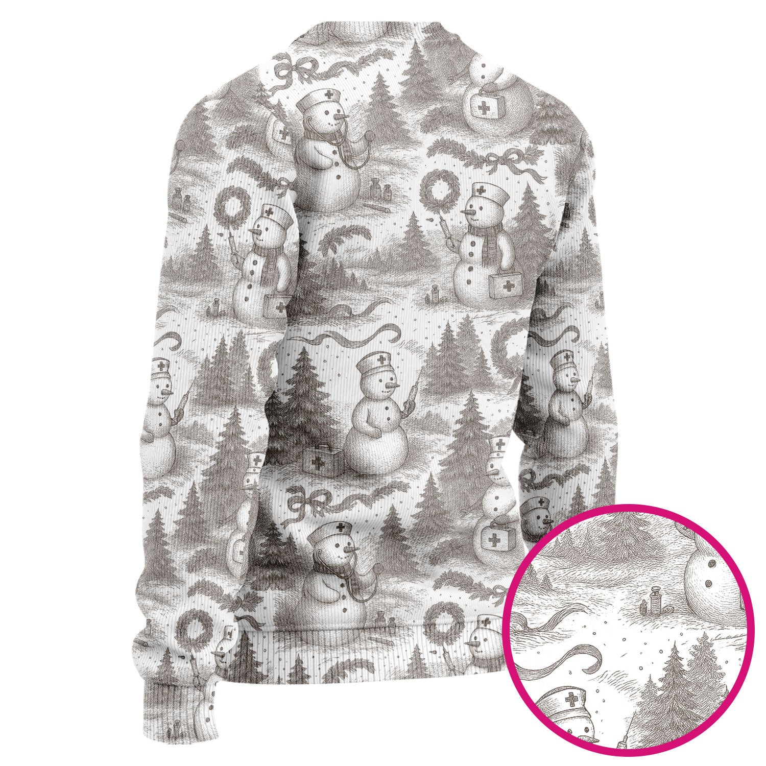 Toile de Jouy Christmas Scrubs Set – Elegant Snowman and Nurse Pattern – Classic Holiday Scrub Top and Pants for Women