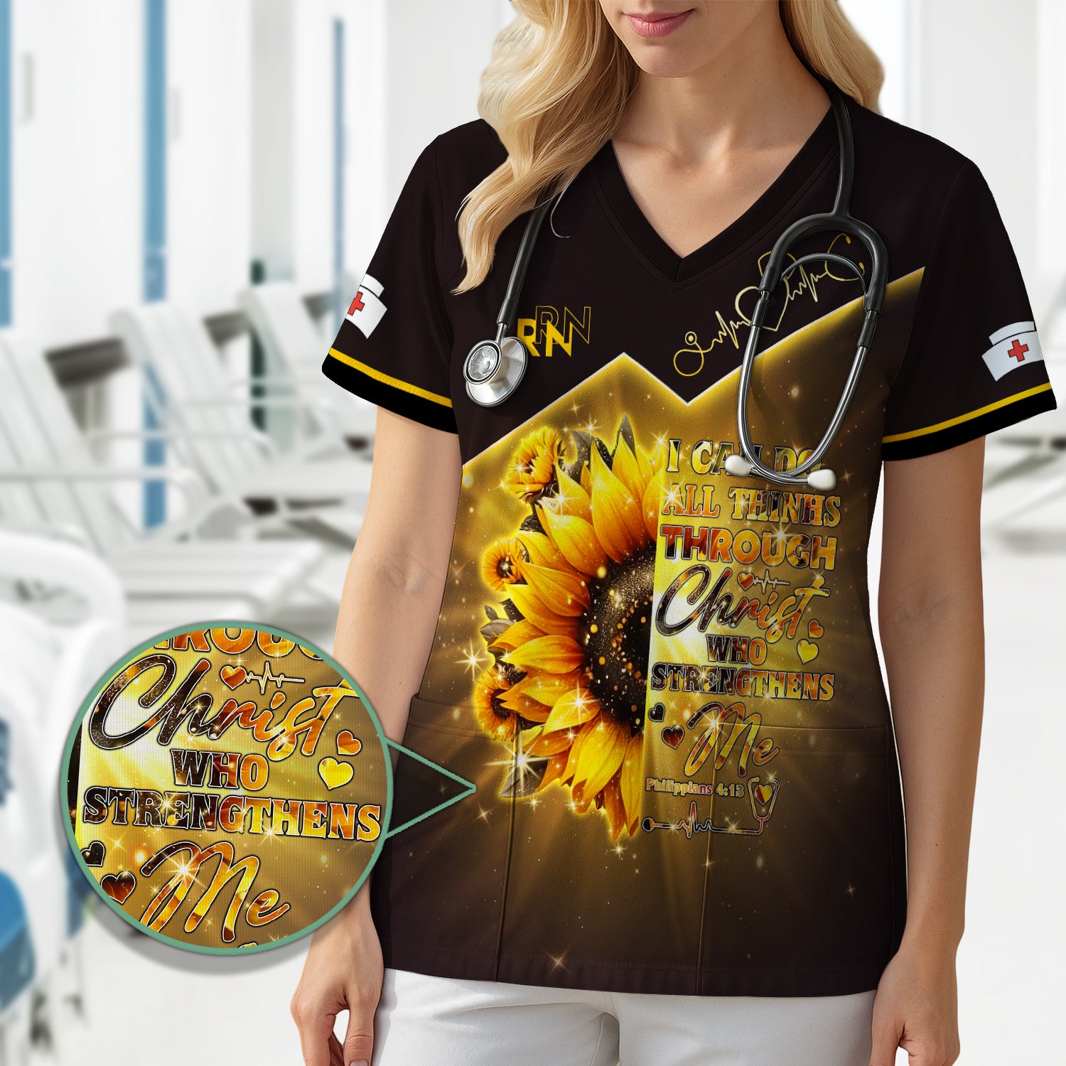 Custom Faith Nurse Scrub Top - All Things Through Christ Bible Verse - Christian Nurses RN LPN CNA Gift