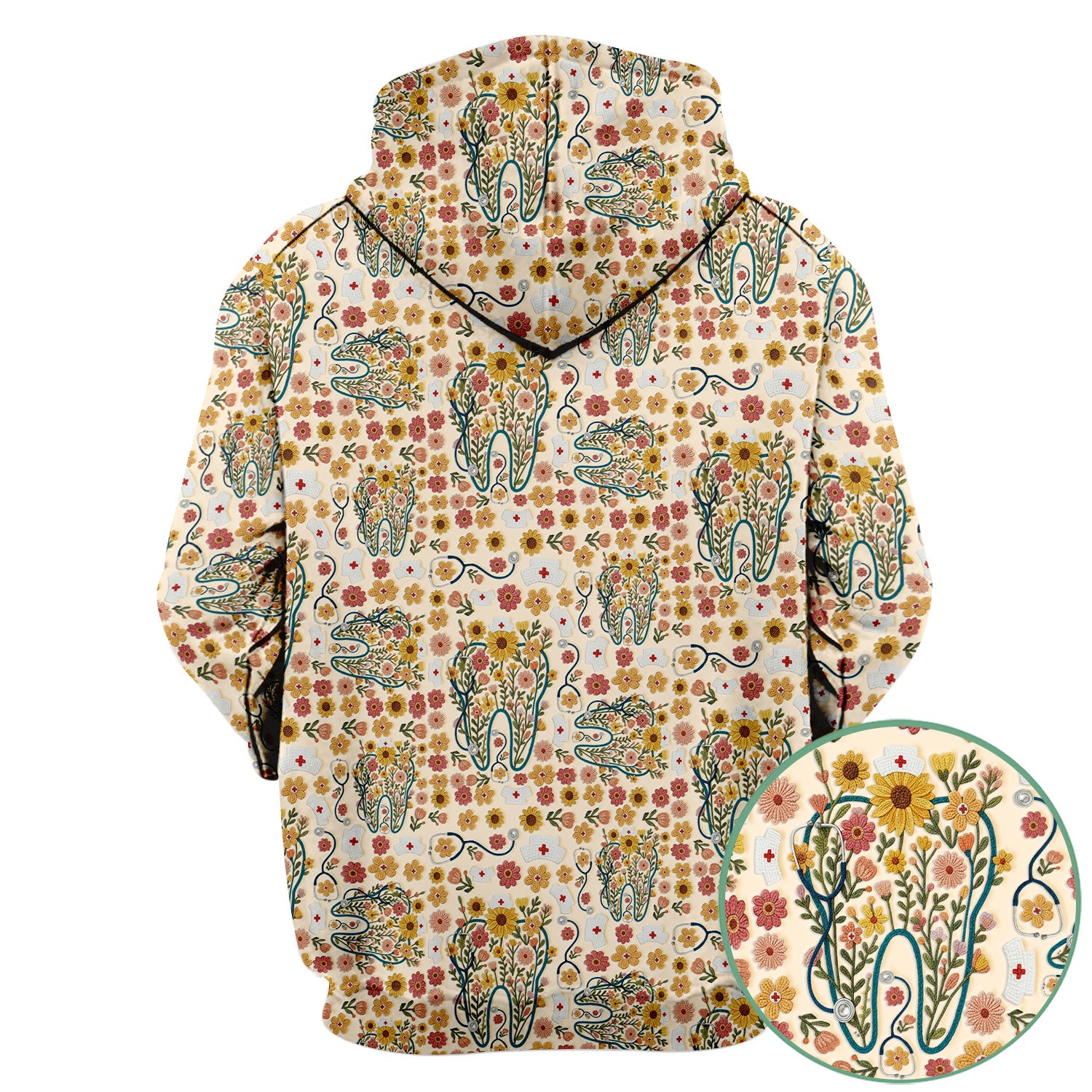 Boho Floral Tooth Scrub Top - Aesthetic Dental Scrubs for Women - Cute Flower Tooth Pattern Medical Uniform - Hygienist Christmas Gift