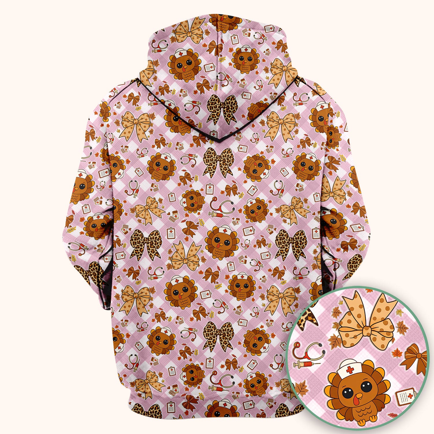 Thanksgiving Turkey Scrub Top for Nurses - Cute Fall Leaves and Bow Shirt - Funny Autumn Nursing Gift for Women RN LPN CNA