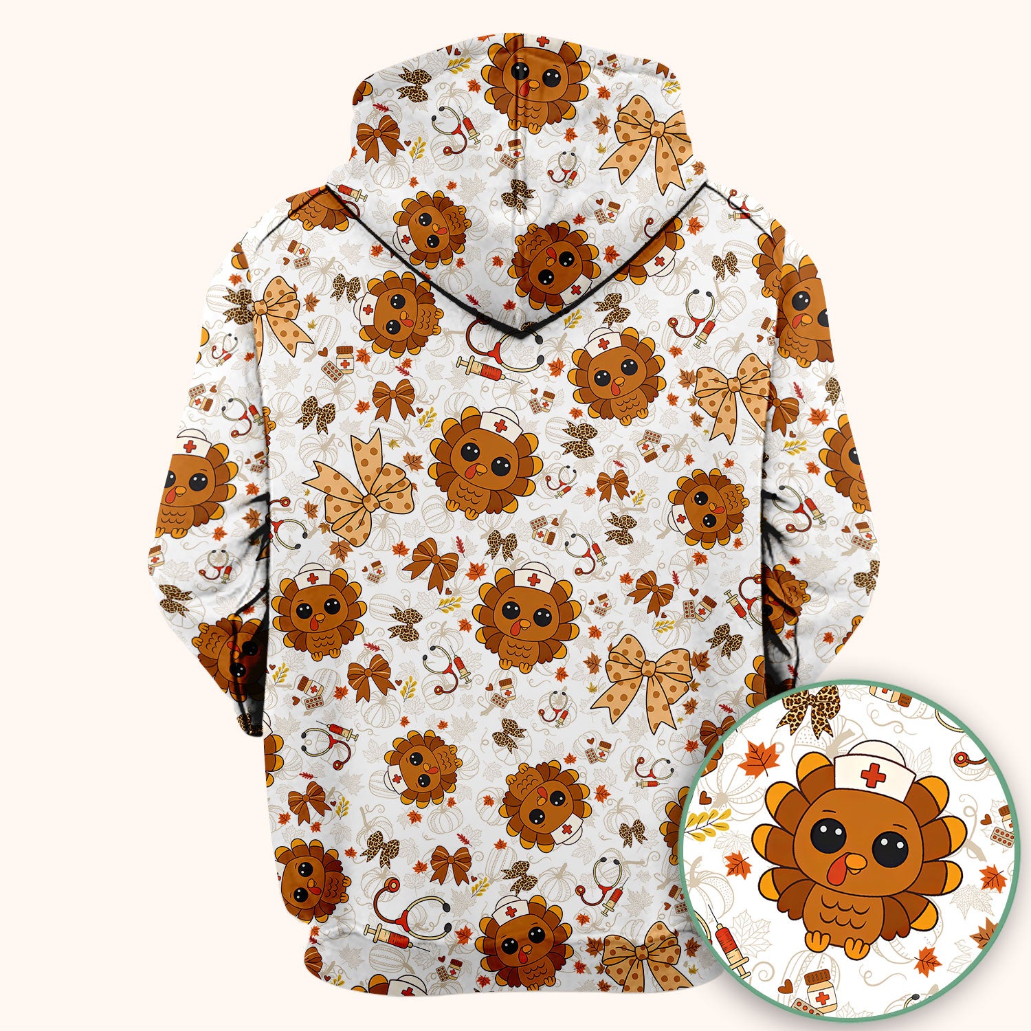Thanksgiving Turkey Nurse Scrub Top for Women - Cute Fall Leaves and Bow Shirt - Autumn Medical Shirt Gift for RN CNA LPN Doctor