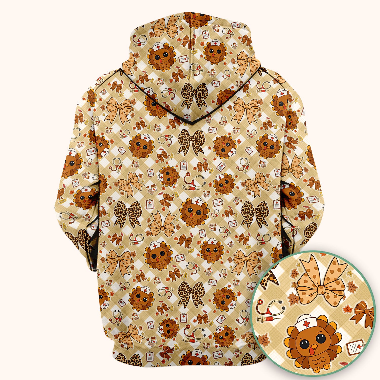 Thanksgiving Turkey Scrub Top for Nurses - Cute Fall Leaves and Bow Shirt - Funny Autumn Nursing Gift for Women RN LPN CNA