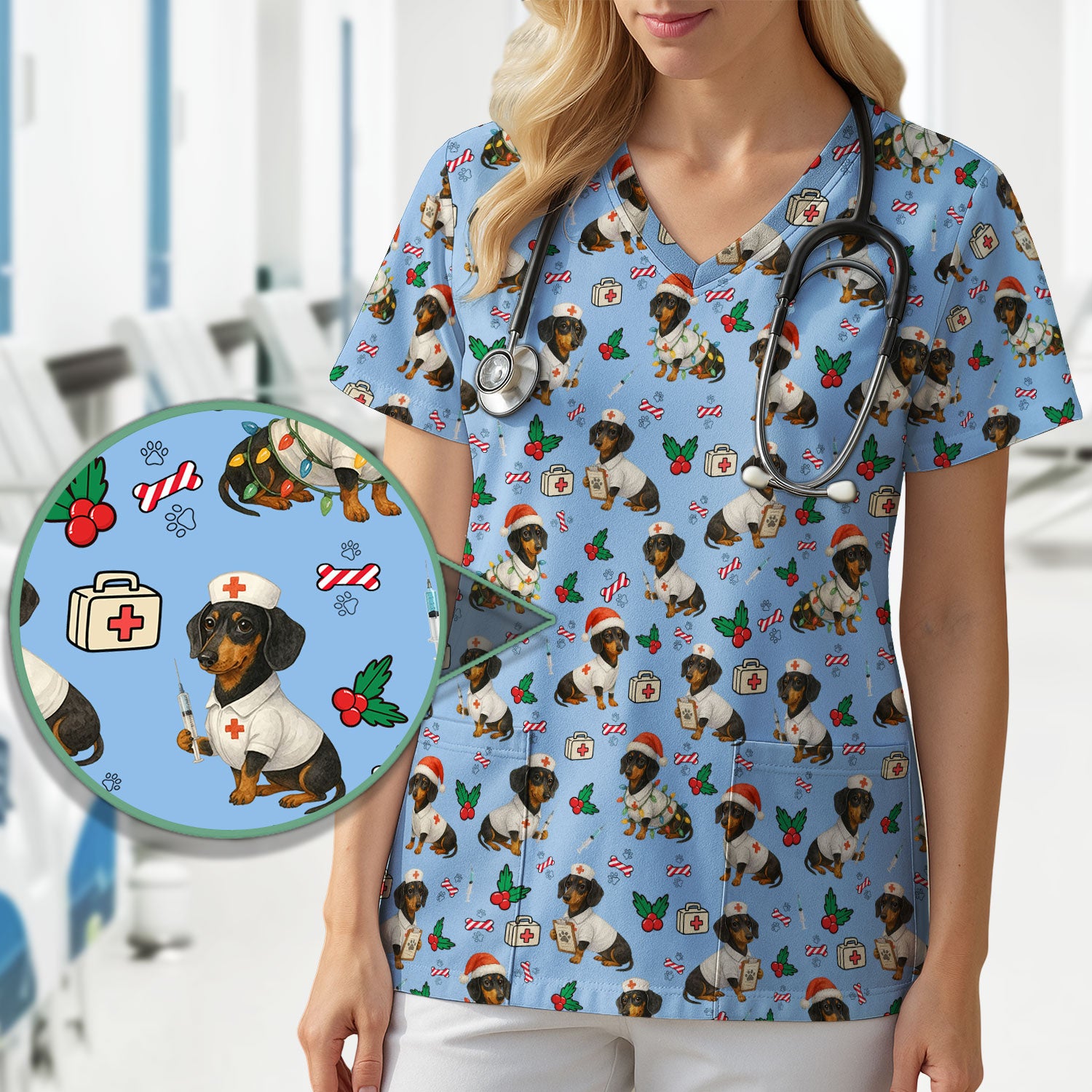 Dachshund Nurse Christmas Scrub Shirt - Cute Sausage Dog Scrub Top Multi Colors - Funny Holiday Nursing Workwear with Pockets
