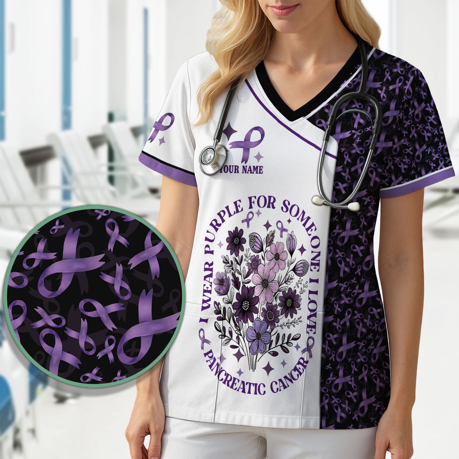 Custom Name Pancreatic Cancer Scrub Top - Awareness Nurse Shirt for Someone I Love - Personalized Gift for Fighters Survivors Supporters