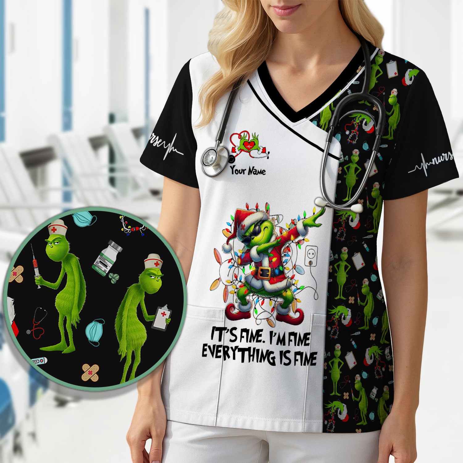 Funny Grinch Christmas Nurse Scrub - Everything Is Fine Shirt - Holiday Medical Uniform for Women - Xmas Gift for RN LPN CNA