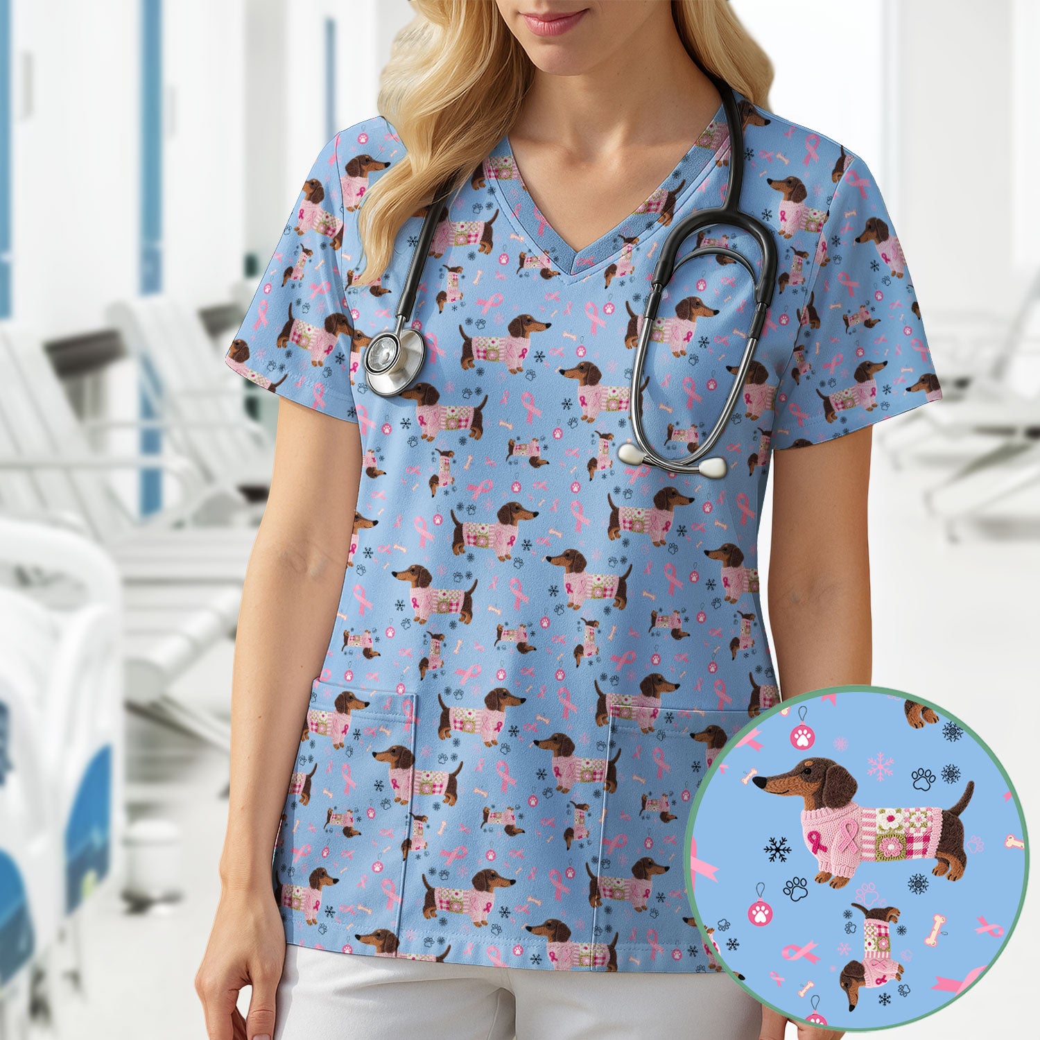 Pink Dachshund Breast Cancer Awareness Scrub Top - Puppy Dog Ribbon Nurse Shirt - Wiener Support Fight Cancer Medical Uniform Gift