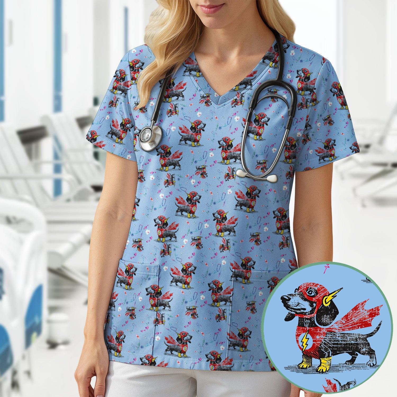 Dachshund Hero Scrub Top for Nurses - Super Nurse Funny Flash Dog Print Medical Uniform Shirt - Cute Sausage Dog Gift for RN CNA LPN