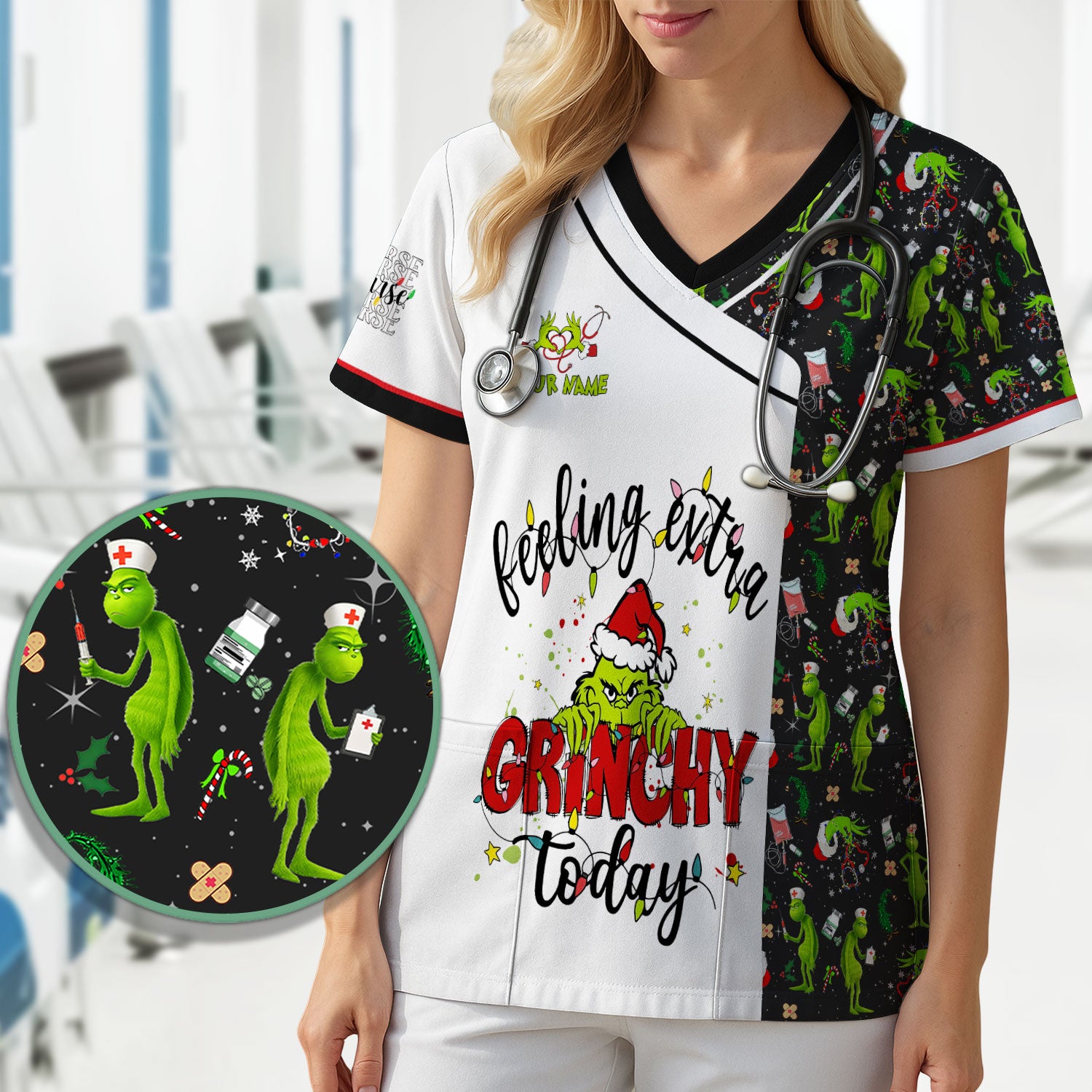 Custom Grinch Nurse Scrub Top Multi Color - Feeling Extra Grinchy Today Christmas Scrub Shirt - Funny Holiday Nursing Workwear