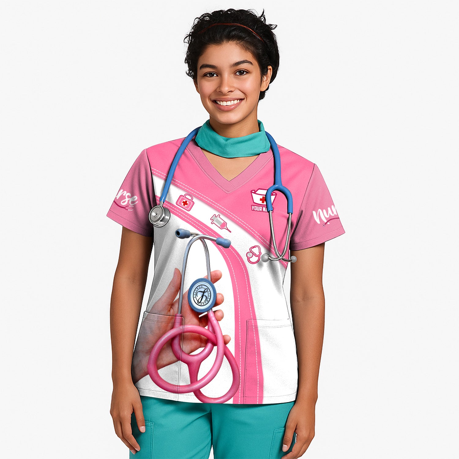 Custom Name Pink Nurse Shirt - Cute Stethoscope Gift for Female RN LPN CNA - Appreciation Week Medical Tee