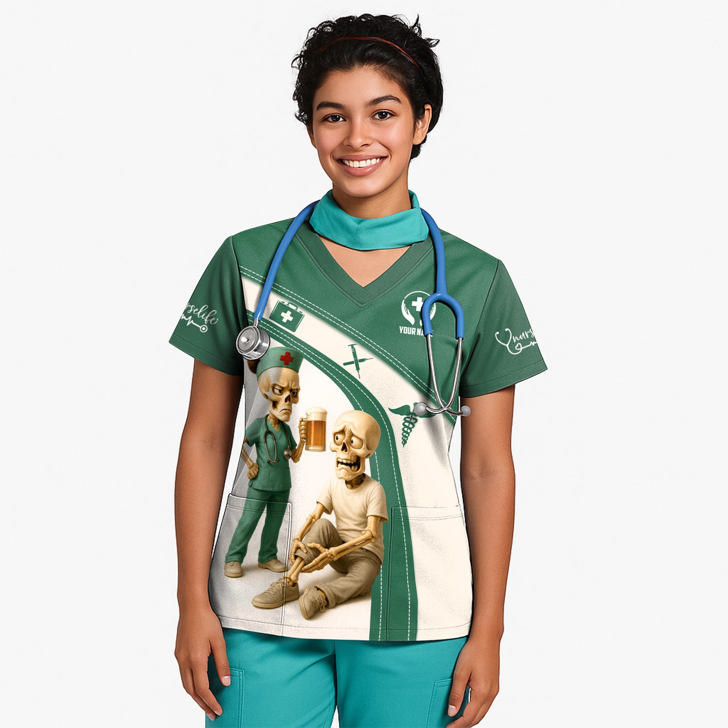 Funny Skeleton Nurse Shirt for Women - Custom Name Beer Joke Medical Uniform - Hilarious Gift for RN CNA LPN