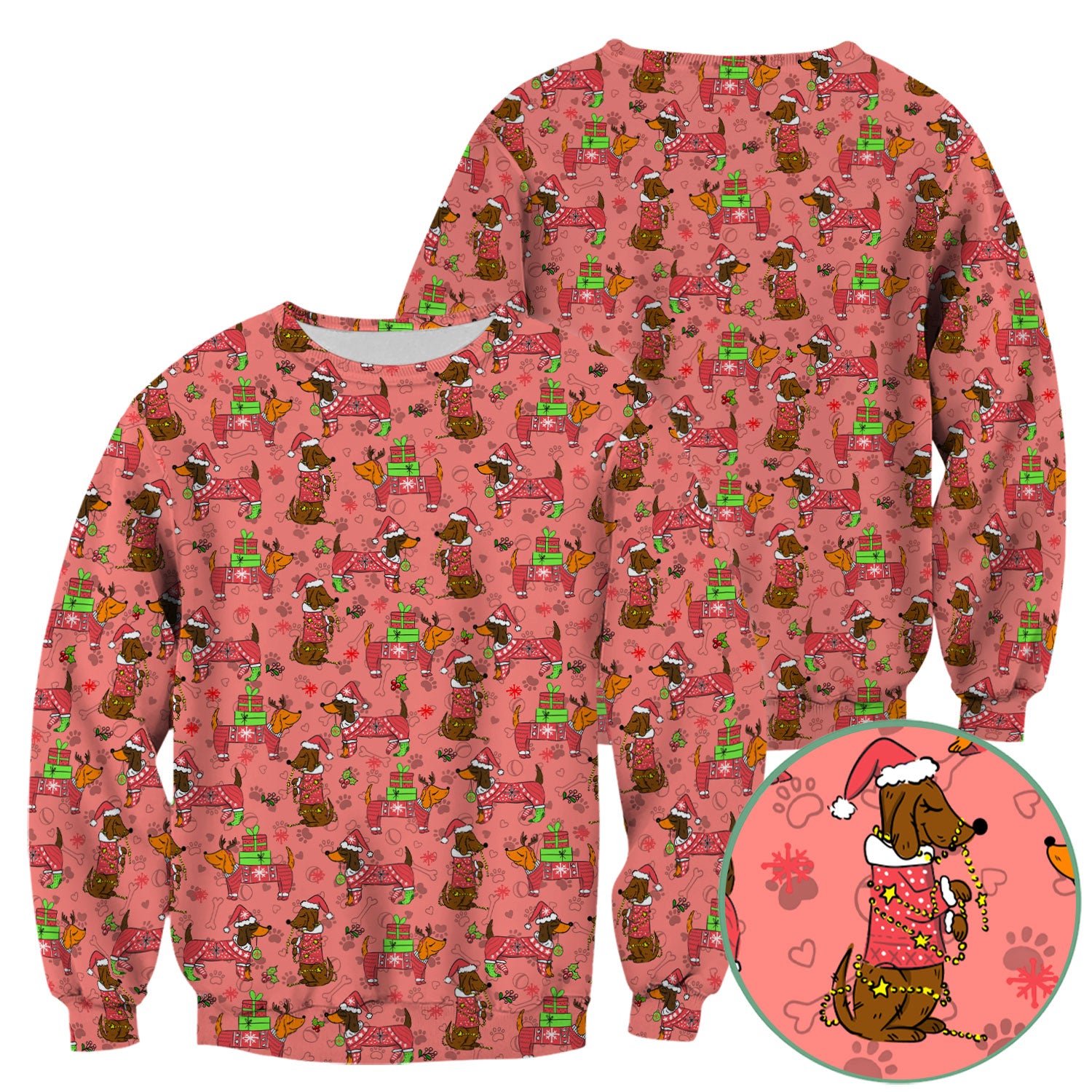 Holiday Dachshund Scrub Top for Nurses - Christmas Sausage Dog Santa with Paw Prints - Funny Medical Shirt RN LPN CNA Gift