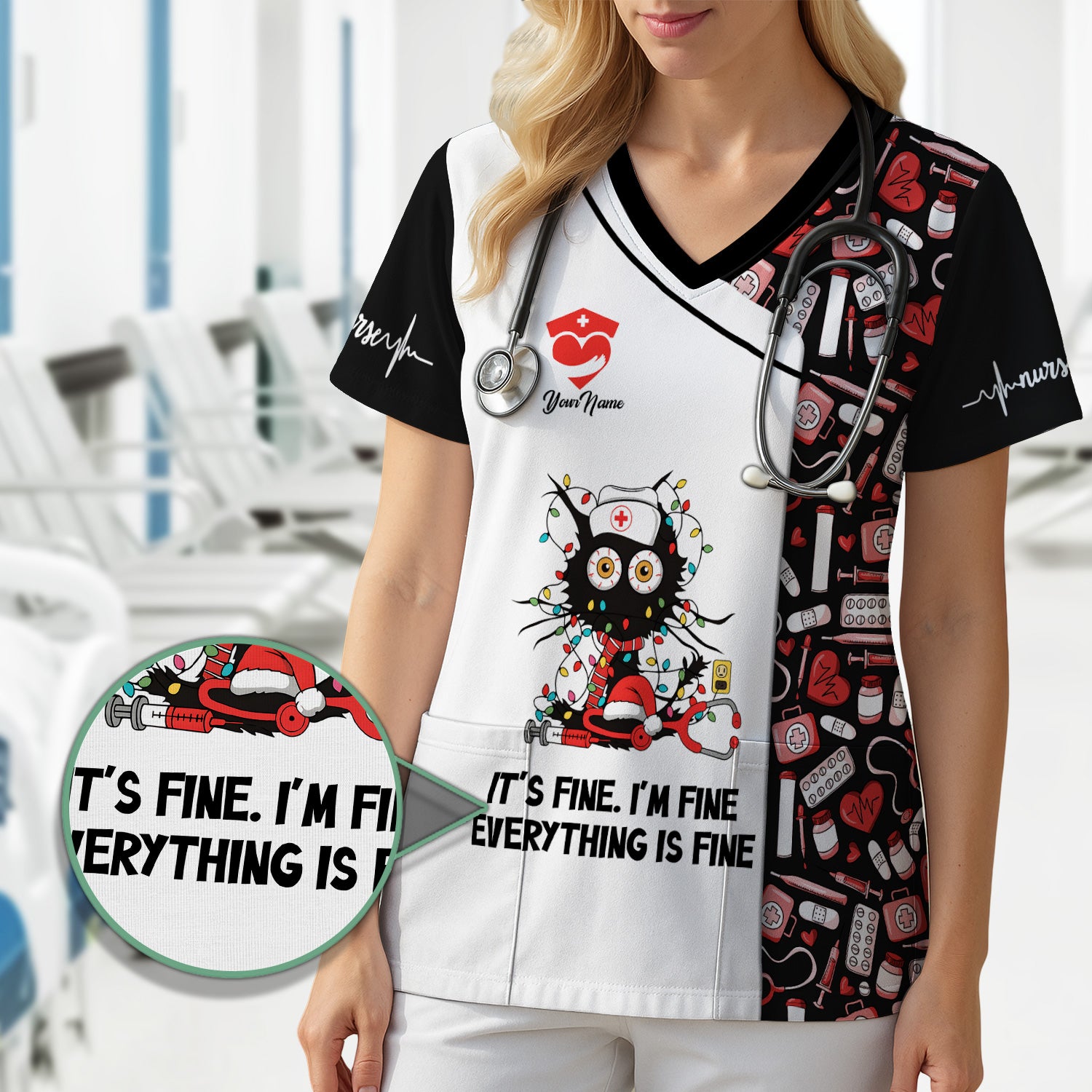 Custom Funny Nurse Christmas Scrub Top - Everything Is Fine Sarcastic Black Cat Design - Holiday Gift for Women RN LPN ER
