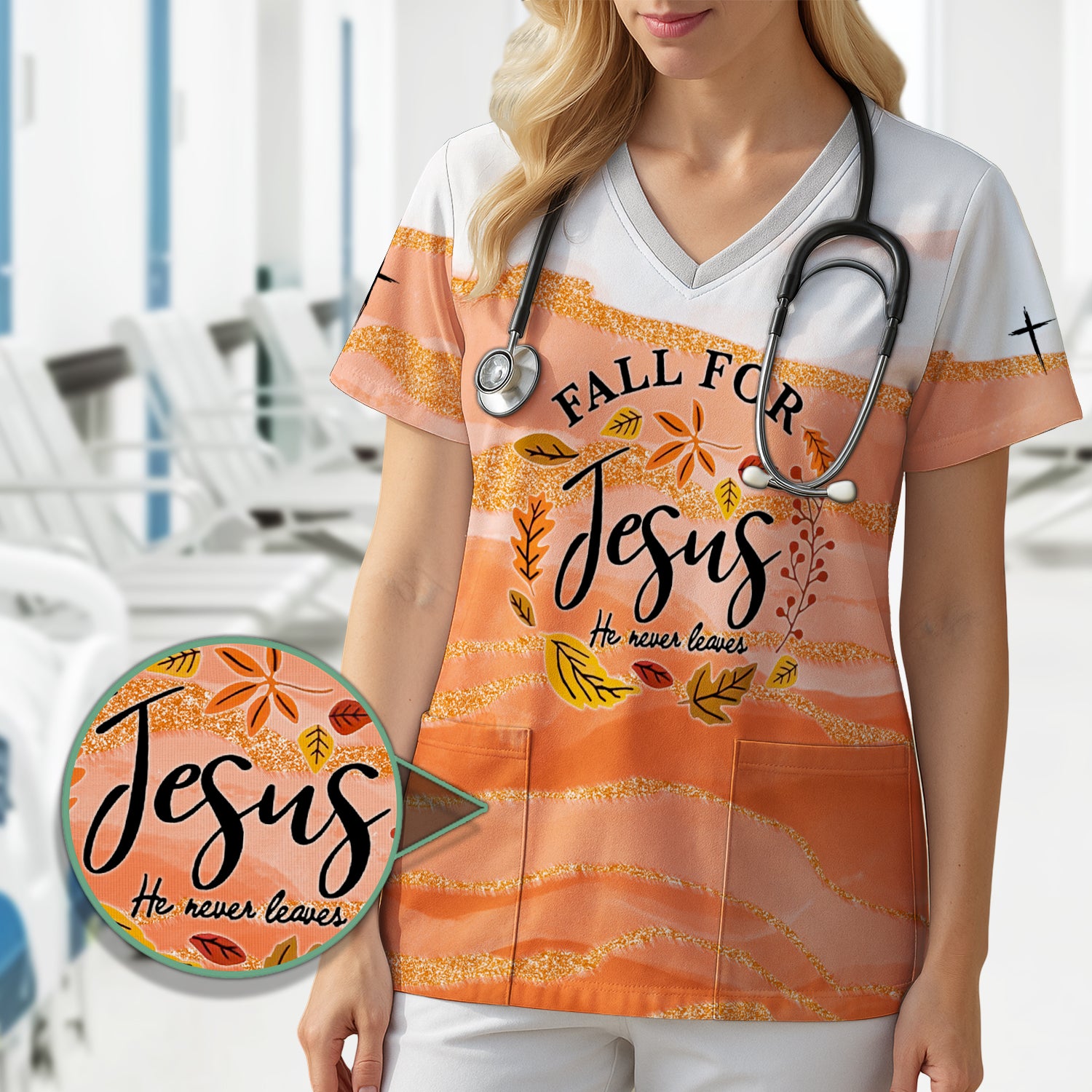 Christian Nurse Fall Scrub - Fall for Jesus He Never Leaves Shirt - Gift for Women RN LPN CNA