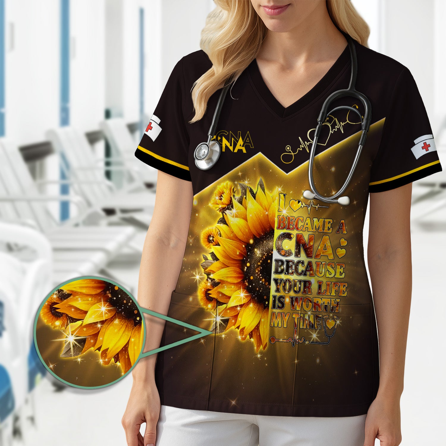 Personalized Proud CNA Scrub Top - Life Is Worth My Time Heartbeat Design - Gift for RN LPN Healthcare Workers