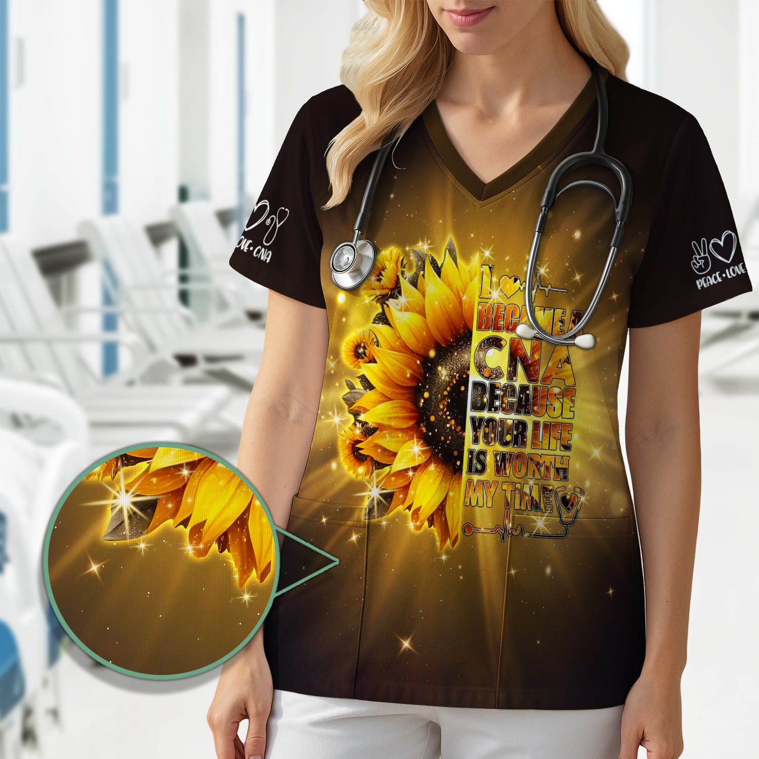 Personalized CNA Sunflower Scrub Top - Your Life Is Worth My Time Design - Gift for RN LPN Healthcare Workers