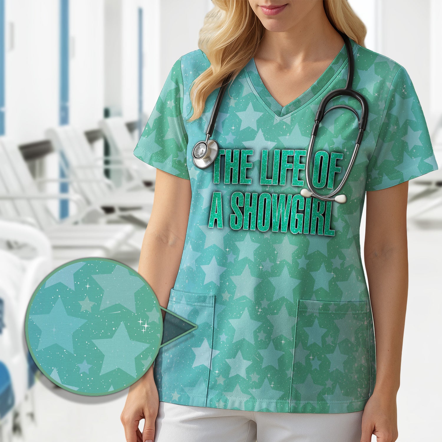 Custom Women's Showgirl Tee - All-Over Print Sparkly Star TS12 Orange Shirt  - Gift for RN LPN CNA