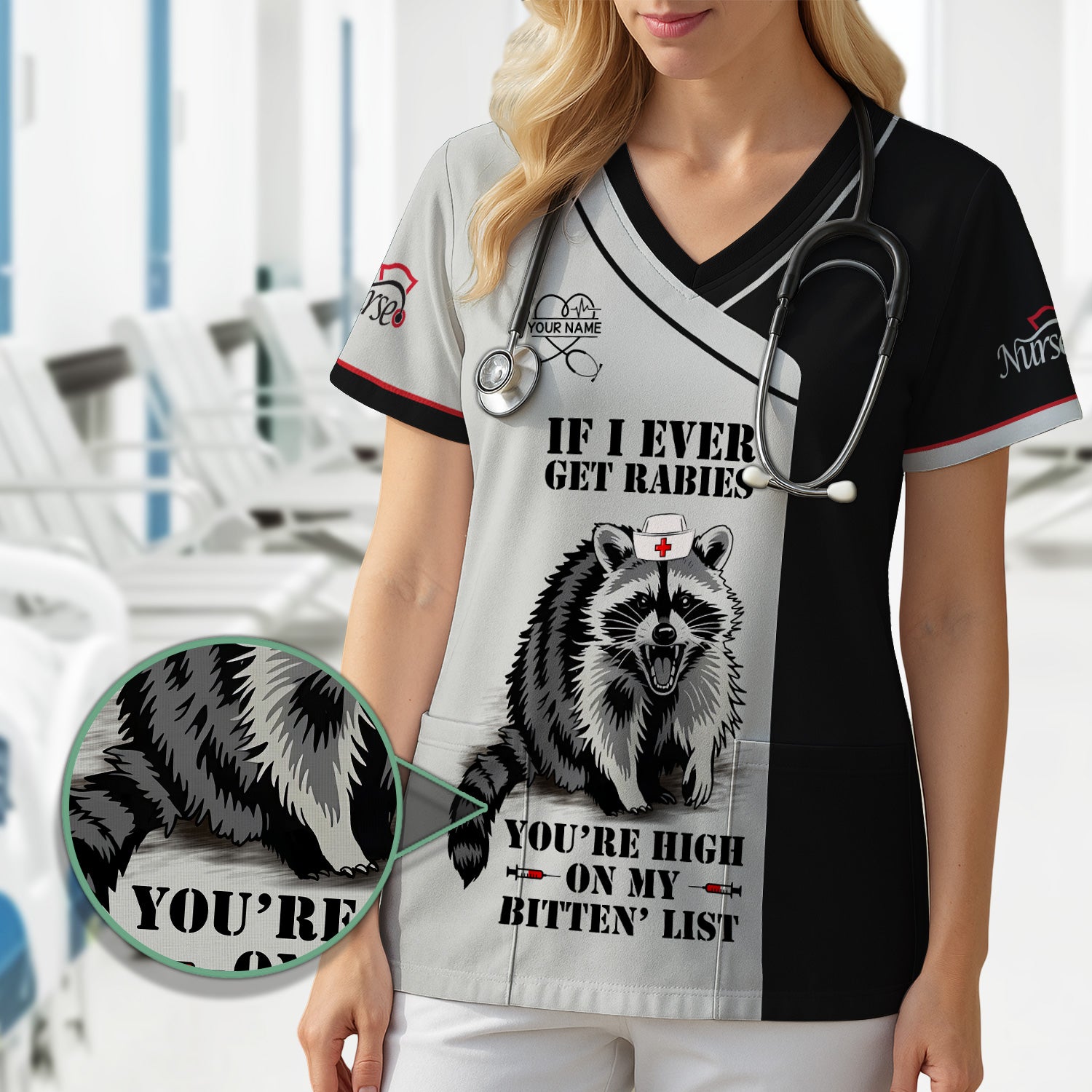 Personalized Funny Nurse Scrub Top with Raccoon - You're High On My Bitten List - Gift for RN LPN CNA Women
