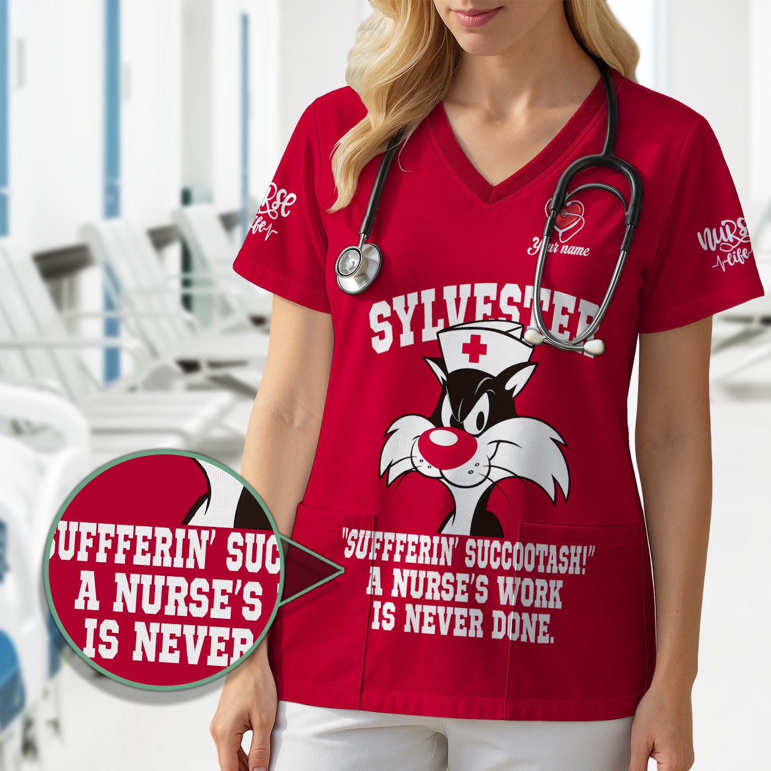 Personalized Funny Nurse Scrub Top - A Nurse's Work Is Never Done Sarcastic Quote - RN LPN CNA Healthcare Workers Gift