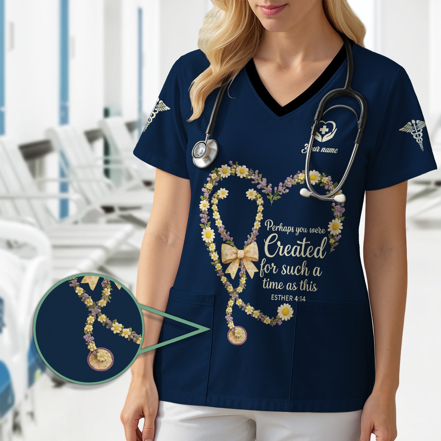 Personalized Christian Nurse Floral Scrub Top - Daisy & Lavender Stethoscope Heart Graphic - Gift for RN LPN CNA