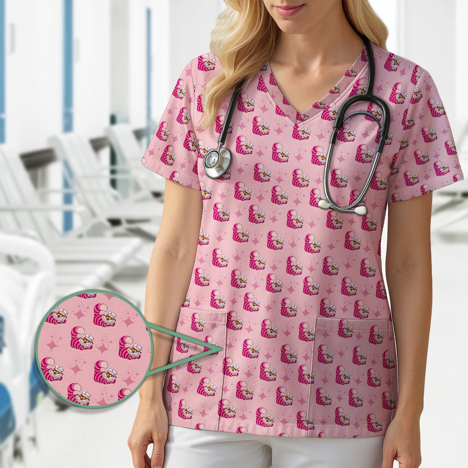 Cute Pink Mouse Print Nurse Scrubs - Funny Cartoon Animal Nursing Scrub Top For Women - Medical Uniform Gift For Healthcare Workers RN LPN CNA