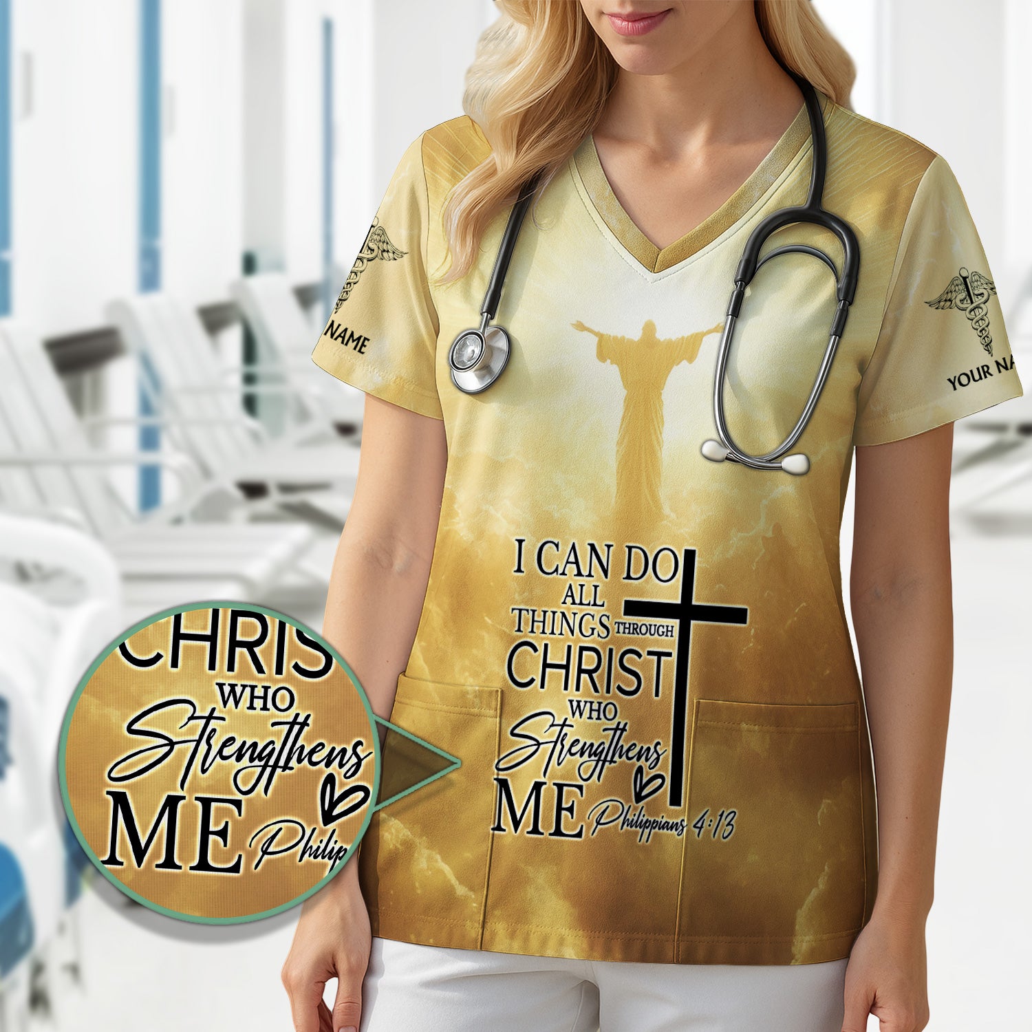 Personalized Nursing Faith Shirt for Women - Bible Verse All Things Through Christ - RN LPN CNA ER Gift