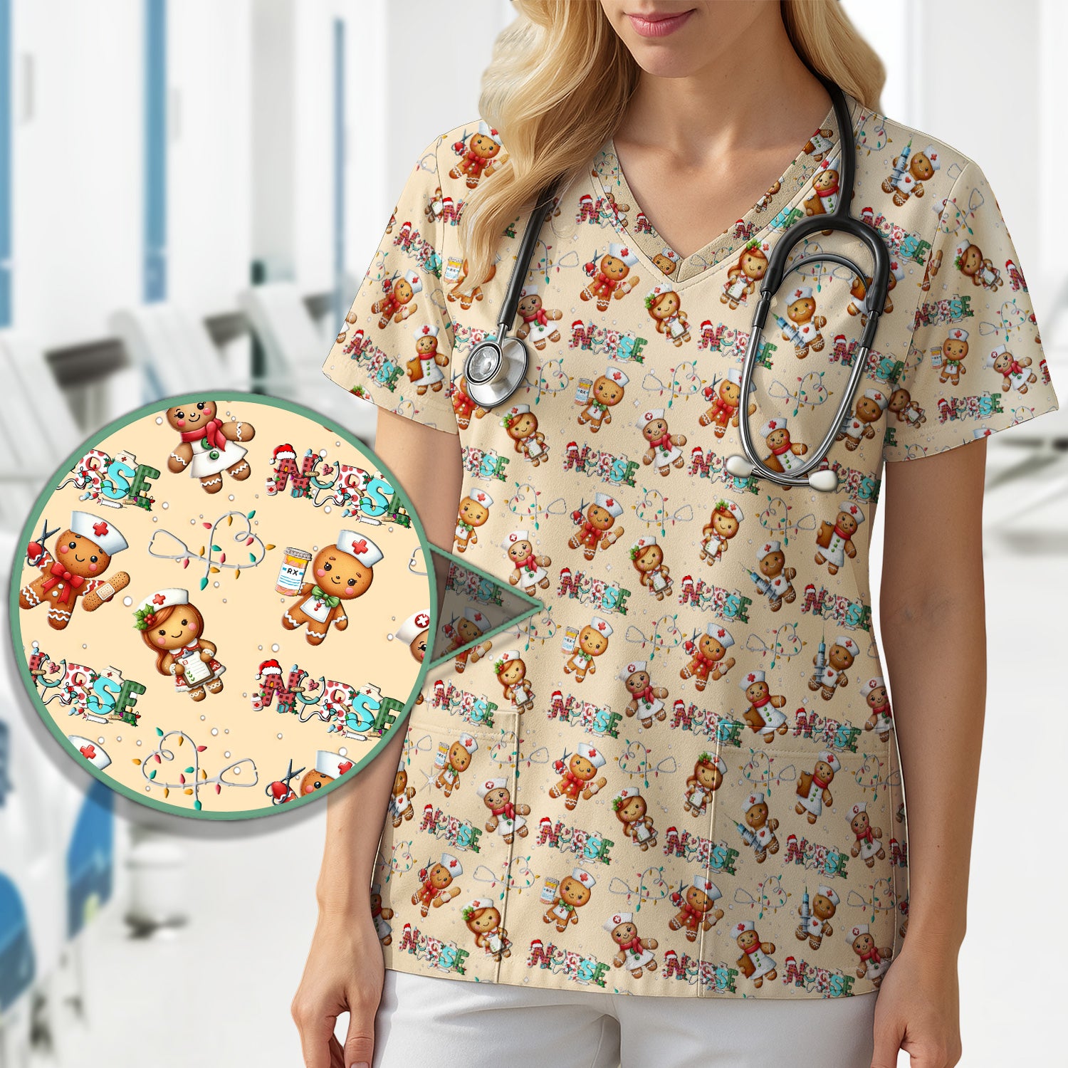 Gingerbread Cookie Christmas Scrub Top - Funny Holiday Nurse Shirt - Cute Medical Uniform for RN CNA LPN LVN EN