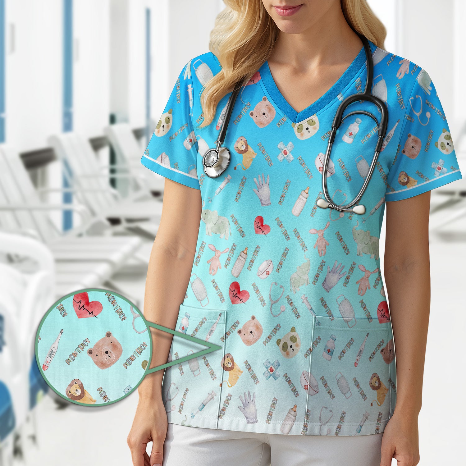 Adorable Pediatric Medical Scrub - Medical Uniform Top with Animal & Heart Icons - Gift for RN, CNA, LPN, Healthcare Worker