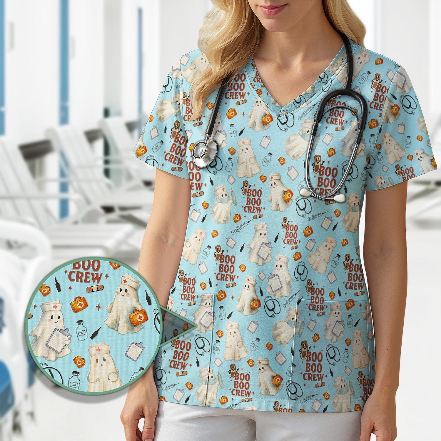 Halloween Nurse Scrub Top for Women - Cute Boo Boo Crew Medical Shirt - Gift for RN LPN CNA Healthcare Staff