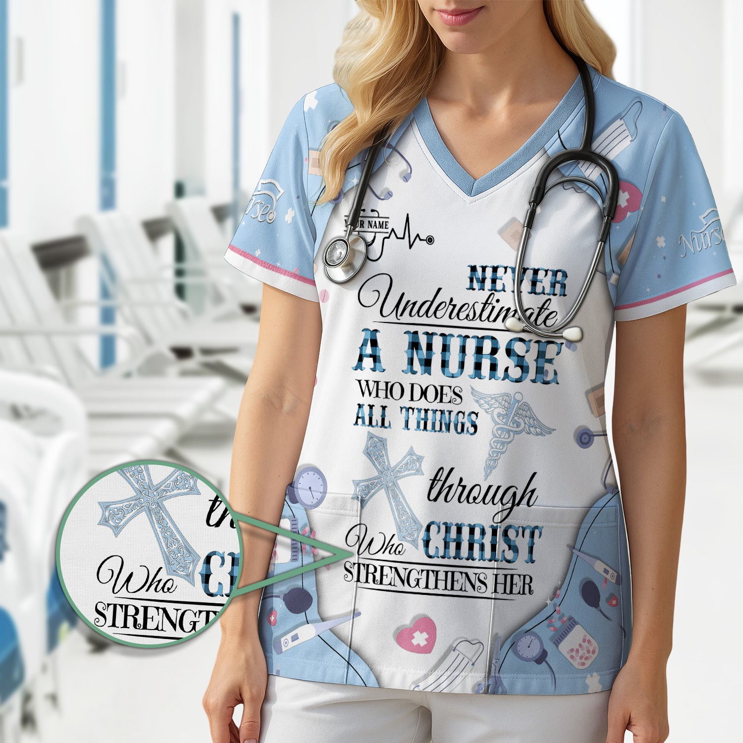 Personalized Nursing Faith Scrub for Women - Bible Verse All Things Through Christ - Religious Gift for Healthcare Professionals RN LPN CNA