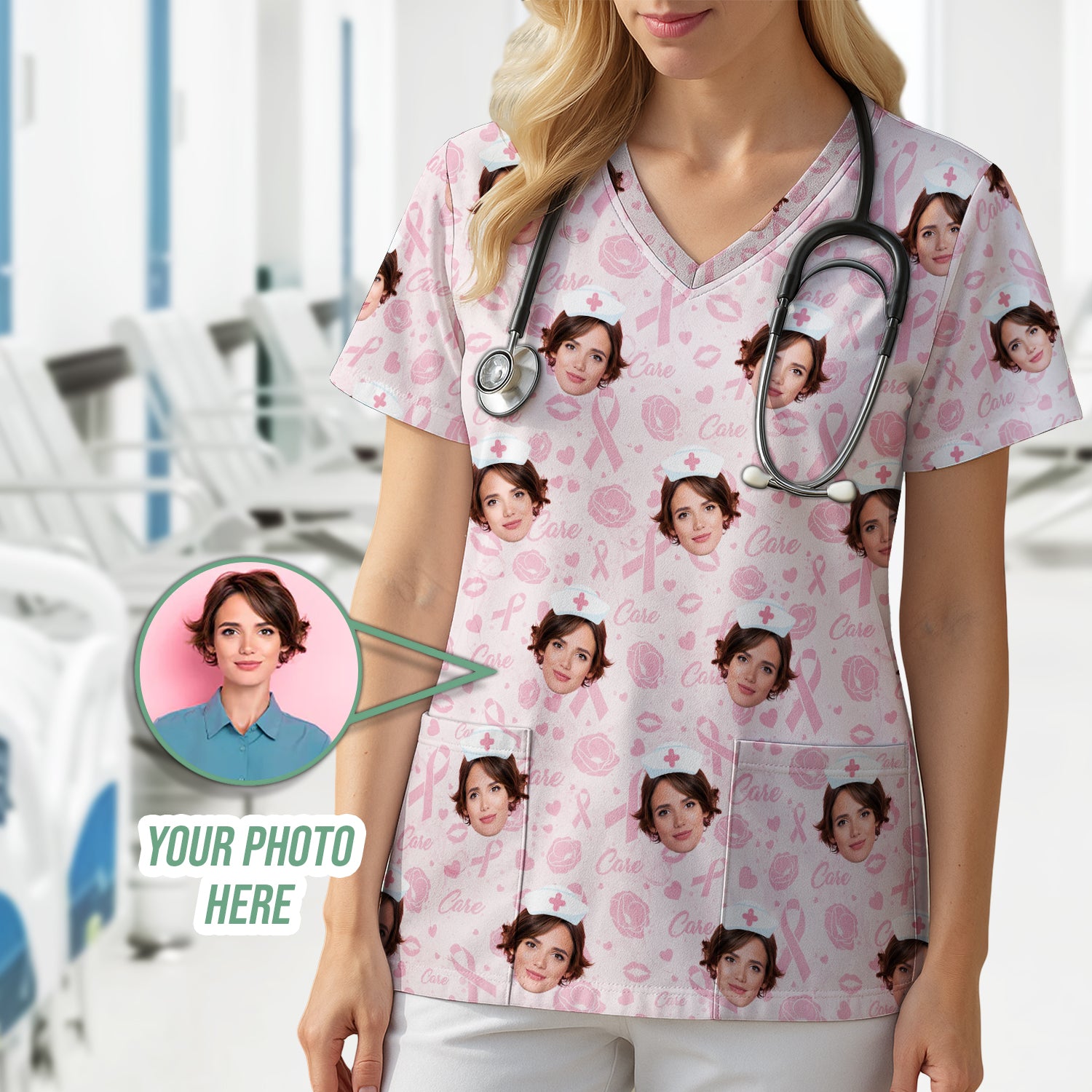 Custom Face Nurse Shirt Pink Ribbon Awareness - Personalized Breast Cancer Support T-Shirt - Gift for Women RN LPN CNA Healthcare Workers