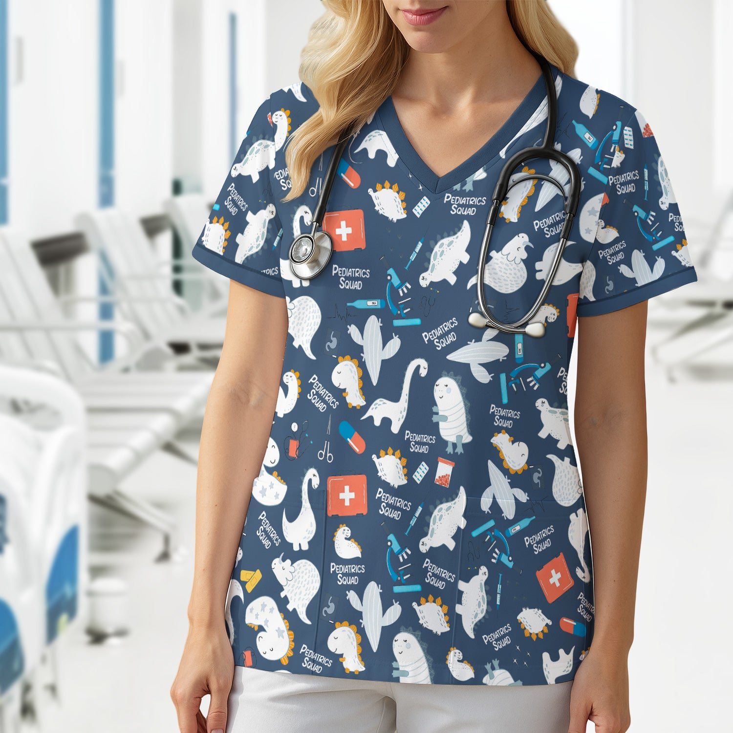 Personalized Pediatric Nurse Scrubs for Women - Cute Dino Print Medical Shirt - Gift for RN, CNA, LPN, Medical Staff