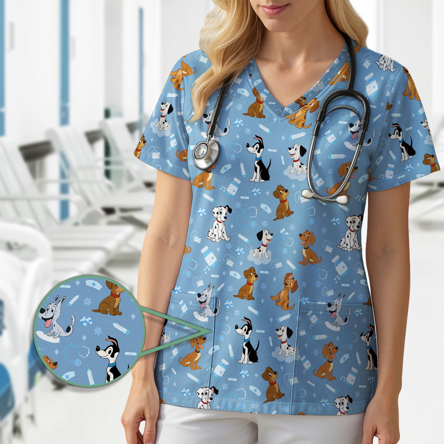 Cute Cartoon Dog Scrubs Top - Fun Puppy Pattern Medical Shirt for Veterinarians, Vet Techs, Animal Lovers - Pet Care Workwear Gift