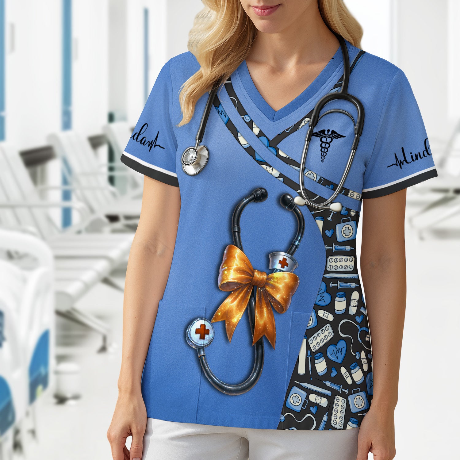 Personalized Halloween Nurse Shirt for Women - Stethoscope Scrub Top with Bow Design - Custom Name RN LPN CNA Gift